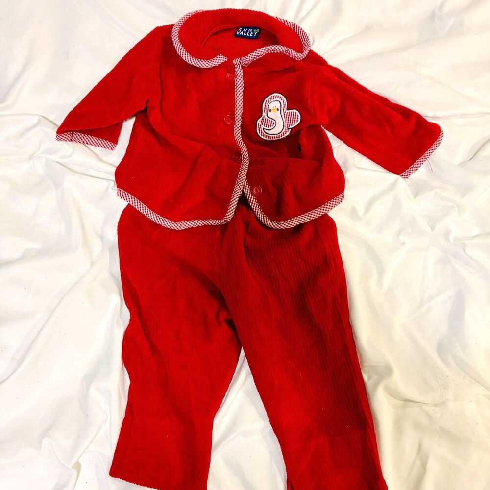 Vintage 2Piece Red Velour PJ Set Penguin Appliqué Gingham Trim Canada 6M Cottage
